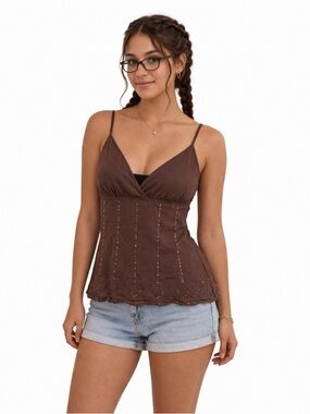 American Eagle Outfitters Brown Eyelet V-Neck Cami